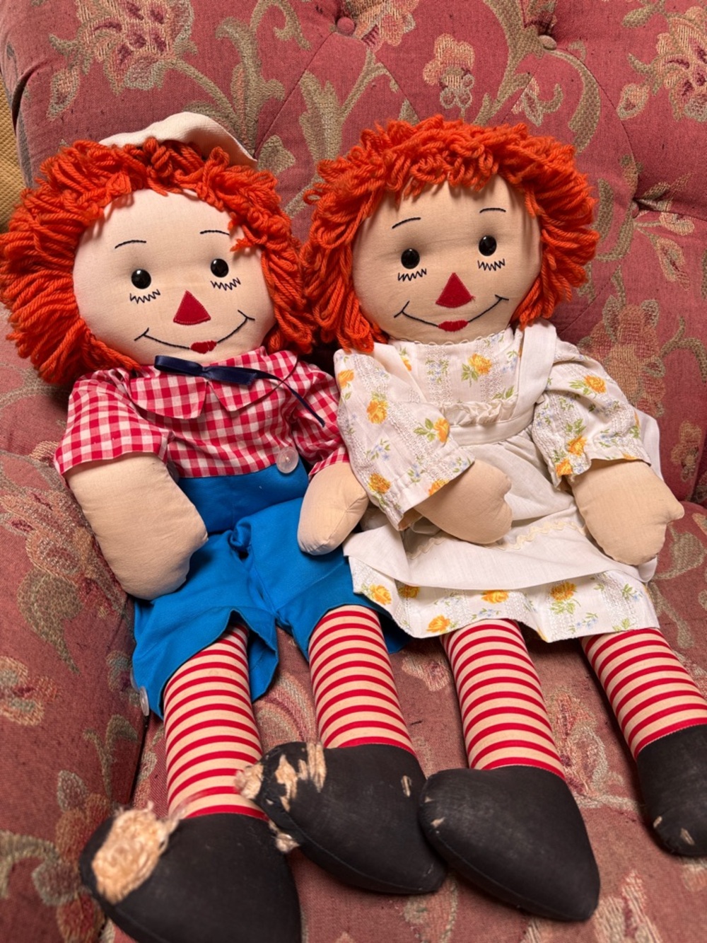 Vintage 1960s Handmade Raggedy Ann & Andy Dolls 25” Pair Primitive Farmhouse